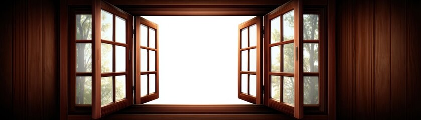 A beautifully framed wooden window open to a bright, serene view, perfect for illustrating themes of openness, perspective, and tranquility, Ideal for home decor, real estate, or lifestyle content,