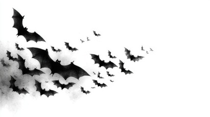 Obraz premium A group of black bats is flying through a misty white background, creating a spooky atmosphere perfect for Halloween themes, horror stories, or wildlife illustrations