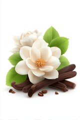 Fototapeta premium A beautiful arrangement of white flowers and green leaves sits atop dark vanilla pods, creating a visually appealing composition ideal for wellness, fragrance, or culinary themes,