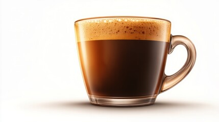 Naklejka premium A clear glass cup filled with rich, steaming coffee showcases its foamy top, ideal for beverage advertising, restaurant menus, blogs, or content about coffee culture and morning routines,