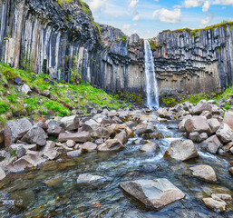 Impressive view of Svartifoss waterfall with basalt columns on southern part of Iceland.