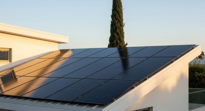 Close-up of sleek black glossy solar panels on roof of suburban house at golden hour, cypress tree in background, Israel - Powered by Adobe