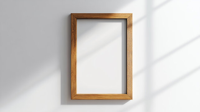 Empty wooden frame hanging on white wall