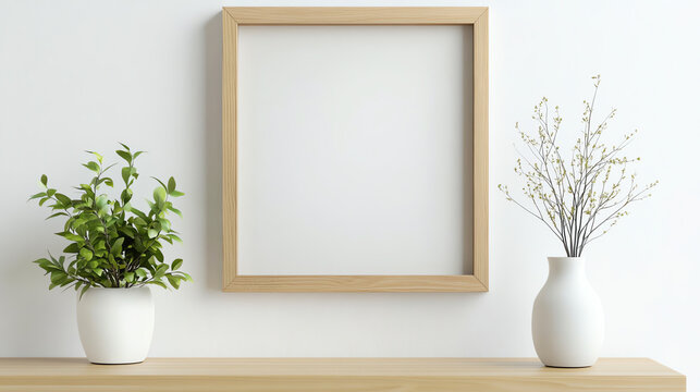 Empty wooden frame hanging on white wall