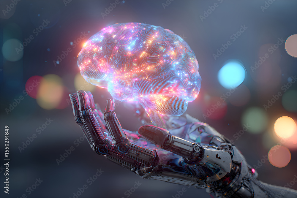Poster futuristic robotic hand holding an illuminated brain with colorful neural connections