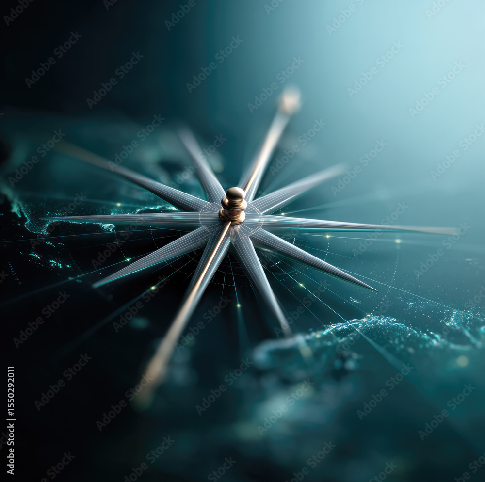 Poster futuristic compass navigation tool with glowing digital map background, symbolizing direction and ex