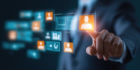 Businessman using futuristic HR interface with employee avatars, ID cards, checklists, approval icons, and analytics. Ideal for digital HR tools, recruitment, and performance systems.

