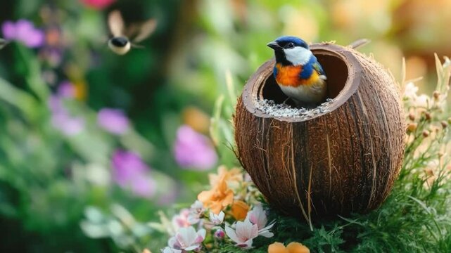 Witness the beauty of nature in this captivating footage. A cheerful bird perched in a coconut shell surrounded by vibrant flowers. Perfect for nature lovers. Generative AI