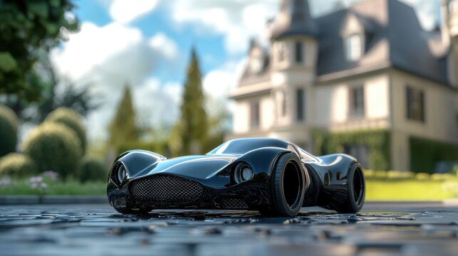 Luxury black sports car model in a scenic garden setting with an elegant mansion in the background