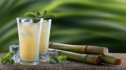 Fresh sugarcane juice with ice, sugarcane stalk, mint leaf, tropical, refreshing, green background