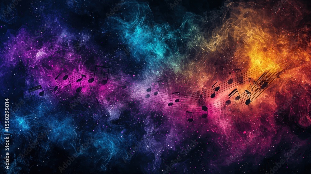 Poster colorful musical notes float through a vibrant cosmic background of swirling colors and patterns