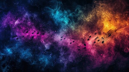 Colorful musical notes float through a vibrant cosmic background of swirling colors and patterns