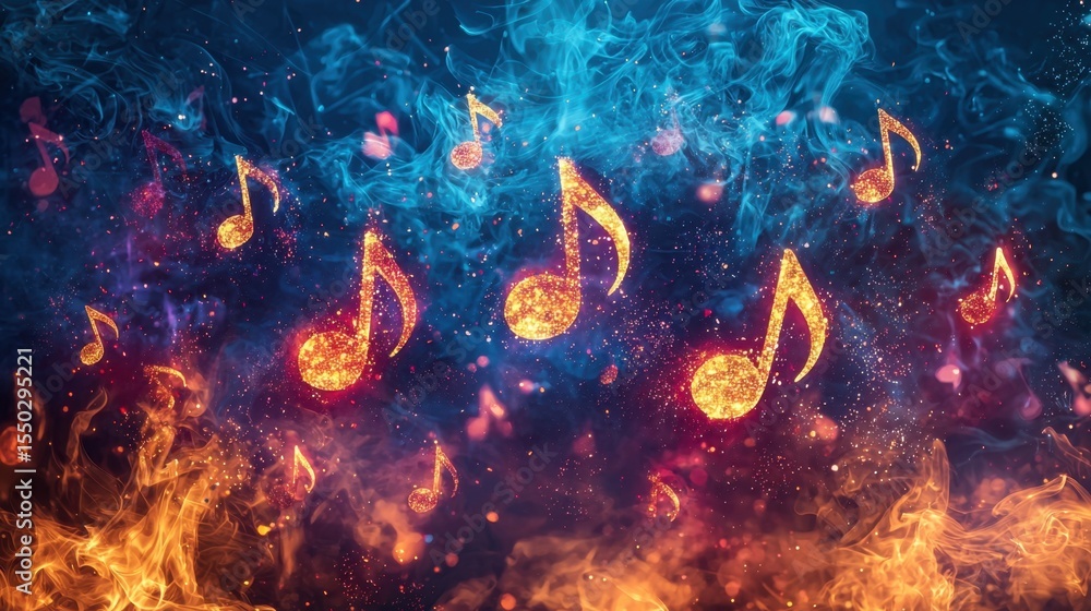 Poster vibrant musical notes emerge from colorful flames and smoke creating a dynamic artistic display