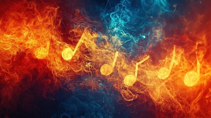 Fototapeta premium Colorful musical notes swirling in vibrant flames and smoke with a striking blue backdrop
