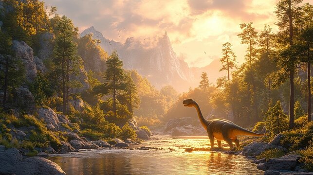 Dinosaur exploring a serene river landscape at sunset nature scene tranquil environment artistic viewpoint