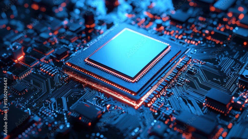 Poster close-up of a computer chip on a circuit board illuminated by blue and orange lights in a dark setti
