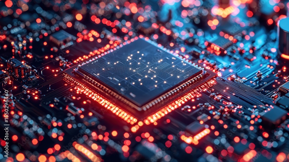 Aufkleber close-up view of a computer microchip surrounded by illuminated circuit board details in vibrant col