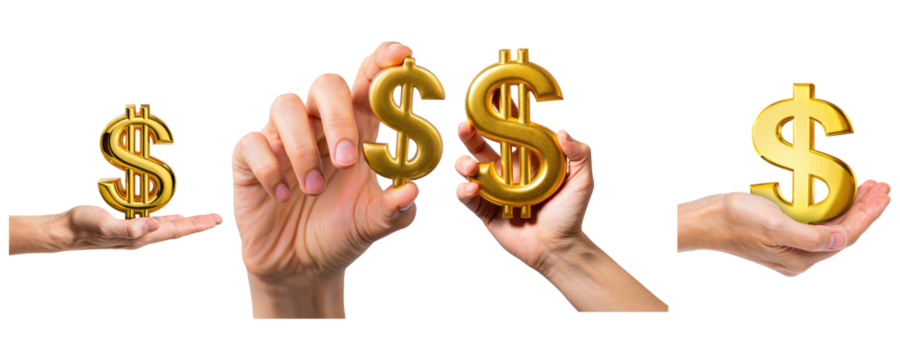 Set Of Four Hands Holding Golden Dollar Sign Symbols Bundle Isolated on White Background Transparent PNG Cutout Clipping Path Social Media Line Art Black Full HD 4K Image Photo Picture - Powered by Adobe