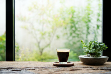 Coffee and Nerve Plant on rustic wood table by the window
