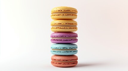 Stack of delicious macarons in pastel colors against white background, demonstrating french pastry treat