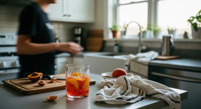 Drink with peaches on kitchen counter as blurred man prepares food in background for home cooking lifestyle. - Powered by Adobe