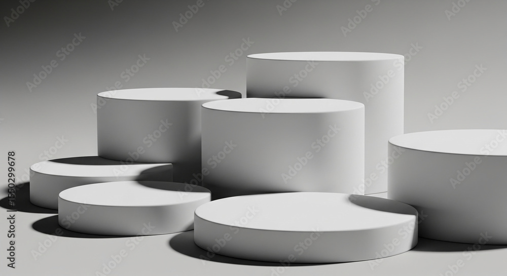 Poster Several white cylindrical platforms of varying sizes arranged on a gray background, creating a clean and minimalist product display showcase ideal for presentations