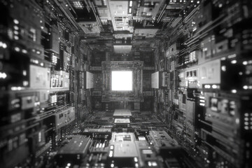 Obraz premium Futuristic circuit board tunnel with glowing center, digital minimalism, abstract technology, black and white, computational dreamlike atmosphere, sci fi concept