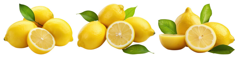 PNG Fresh lemons with green leaves, element set on transparent background