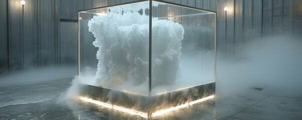 Mystical vapor cloud inside glass box with stainless steel edges illuminated by soft lights