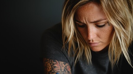 Woman with shoulder tattoos looking contemplative in soft lighting during an indoor setting