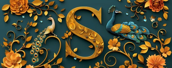 Yellow paper cut letter S design with intricate floral elements and peacock on dark background