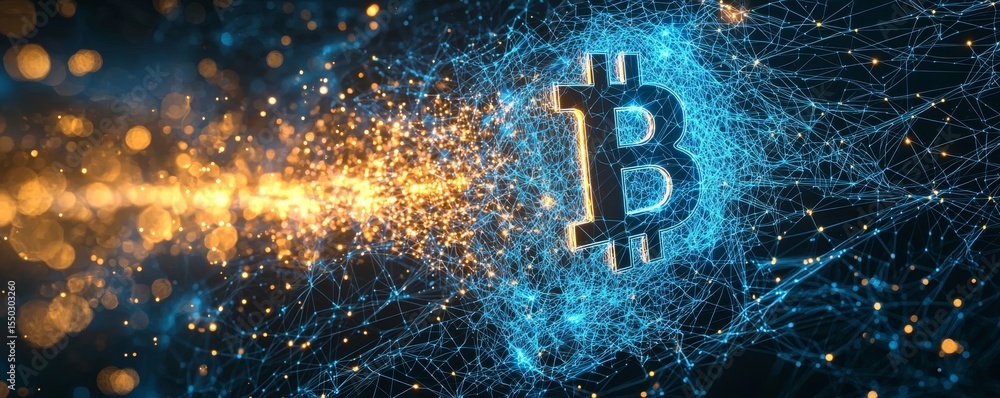 Poster wireframe bitcoin symbol with glowing network of lights and particles