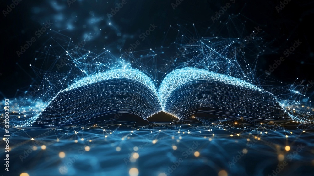 Poster digital wireframe book with glowing lines and particles representing technology and education