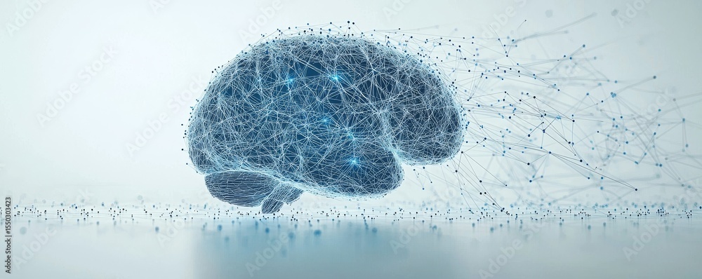 Poster wireframe illustration of a brain with expanding network connections showcasing neural pathways and 