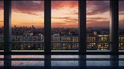 Urban cityscape at sunset seen through large glass windows of a modern building interior. AI-generated image.