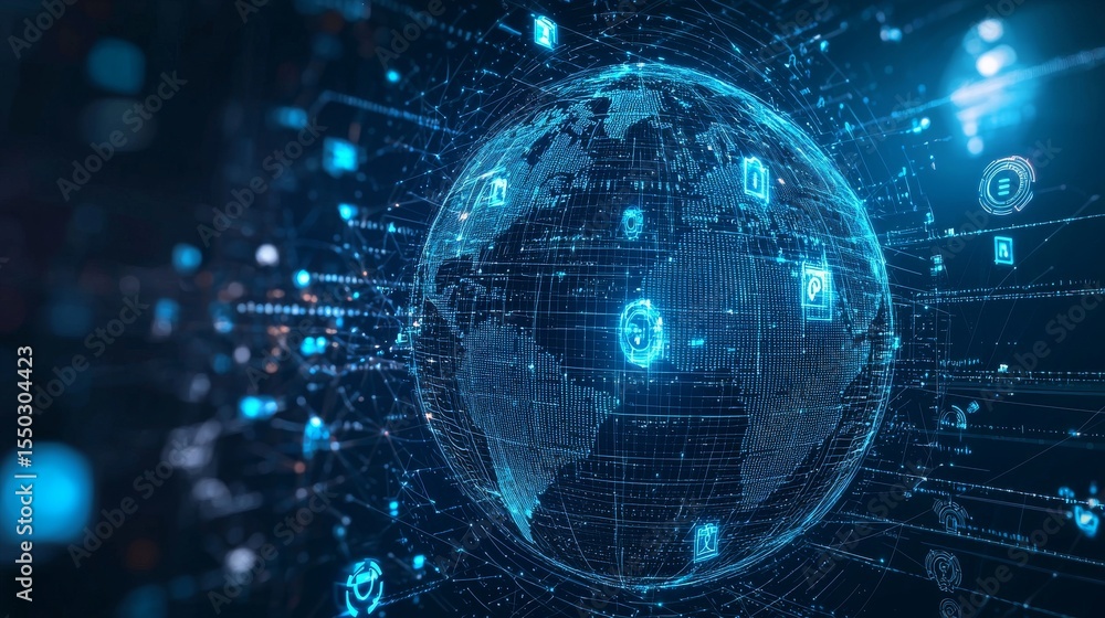 Poster wireframe globe surrounded by digital network icons representing global connectivity and data techno