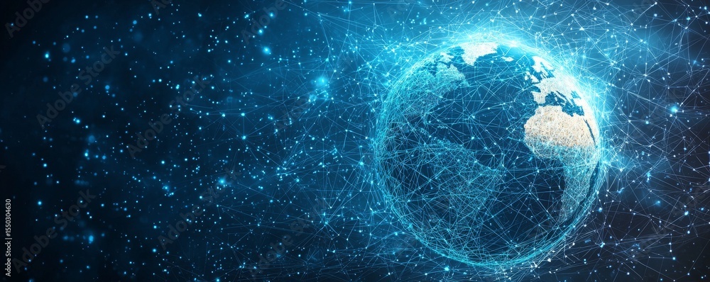 Poster digital wireframe globe with blue interconnected dots and futuristic network