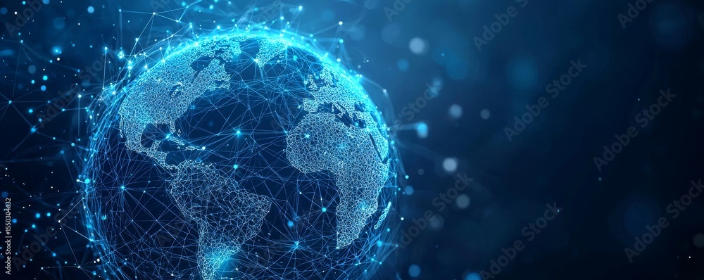 Poster global network concept with wireframe globe and upward arrows indicating growth