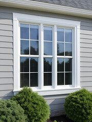 Double hung window with fixed top sash and bottom sash that slides up, sash divided by white grilles a surrounded by white elegant frame on a horizontal vinyl siding, under a gable and soffit
