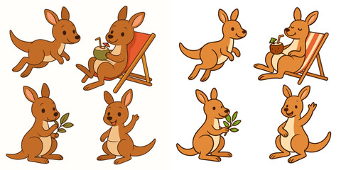 Obraz premium Cute Cartoon Kangaroos: Playful and Relaxing Vector Collection
