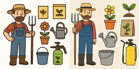 Playful Farmer Character with Gardening Tools and Plants for Illustrations
