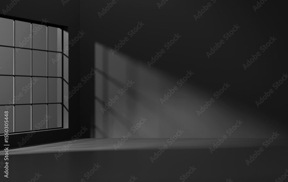 Poster minimal empty black room with window lighting 3d rendering and copy space