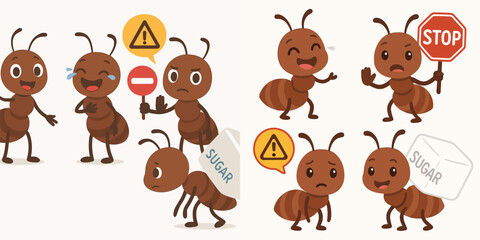 Fototapeta premium Cute Cartoon Ants with Warning Signs and Expressions