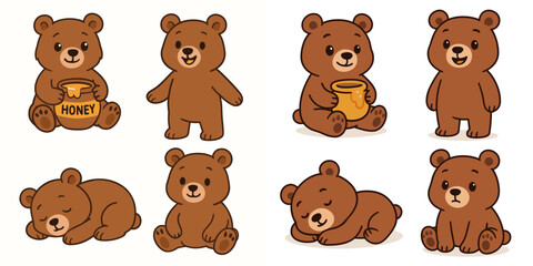 Fototapeta premium Cute Cartoon Bears with Honey Jars: Playful and Adorable Illustrations