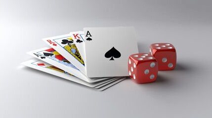 Obraz premium High-stakes card game setup with playing cards and dice on a smooth surface