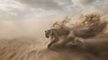 Obraz premium Leopard sprinting through swirling sand in a desert landscape during golden hour