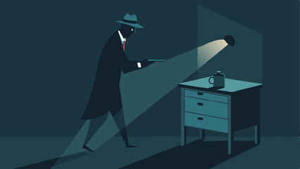 Flashlight in a Dark Room Inside a dimly lit room the detective shines a flashlight on a hidden compartment of a desk revealing another clue.