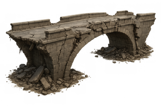 Crumbling stone bridge showing destruction and decay on transparent background - Powered by Adobe