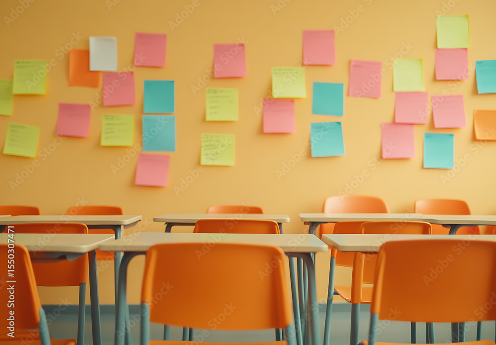 Poster classroom with post-it notes on wall: empty chairs in a learning space, suggesting a brainstorming s