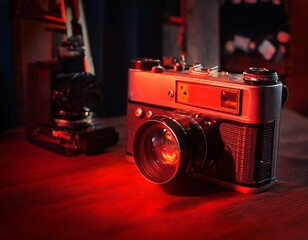 cinematic darkroom with a warm red glow vintage camera